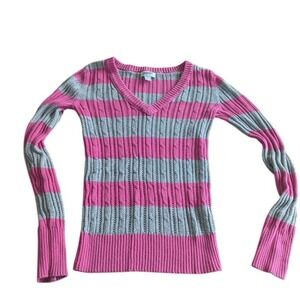Vintage Arizona Jeans Co Striped Cable Knit V Neck Sweater Pink Gray junior L